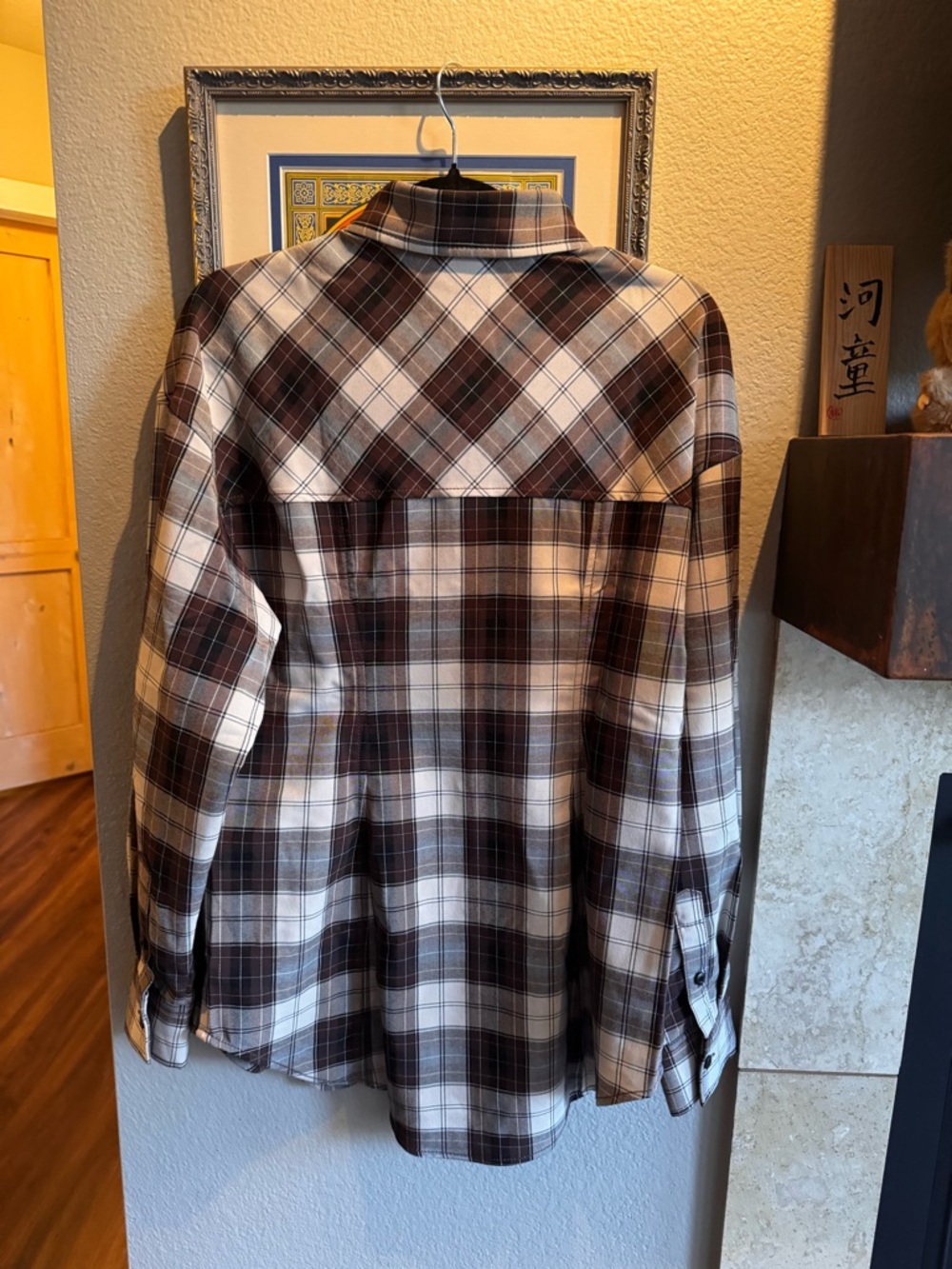 Plaid Brown & Cream Button-Down Shirt — Women's tapered Collared Top - Picture 4 of 12